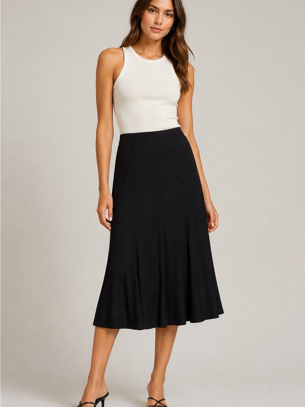 Eileen Fisher Black Washable Stretch Crepe Paneled Flute Midi Skirt Size S